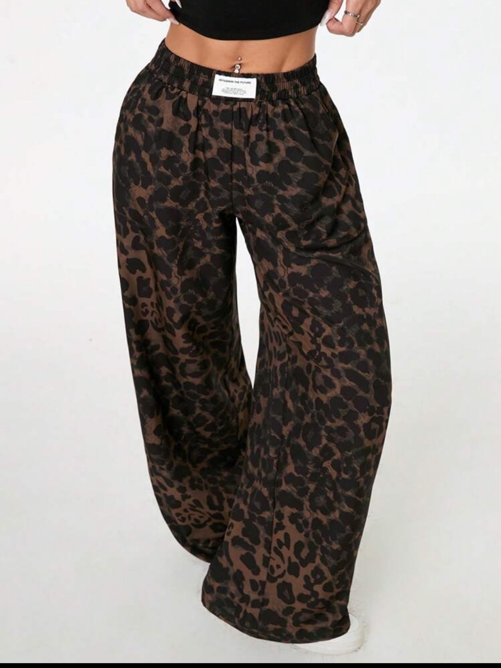 PETITE Women's Cheetah Print Woven Waistband Patchwork Wide Leg Street Trousers